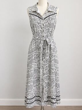 Next Linen Blend Midi Dress US 18 UK 22 Black White Belted Pocket Career